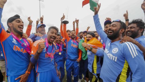 Barbados: Indian players celebrate their victory in the ICC Men's T20 Cricket World Cup Final match 