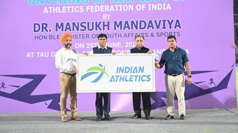 Sports Minister Dr. Mandaviya unveils new AFI logo, meets Olympics-bound athletes