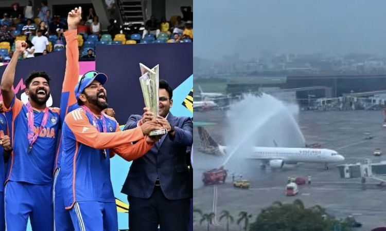 T20 WC 2024 की चैंपियन भारतीय टीम को मुंबई एयरपोर्ट पर मिला ये बड़ा गिफ्ट, इस तरह वॉटर कैनन से दी गयी सलामी, देखें Video 