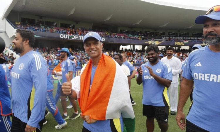 Barbados: Indian players celebrate their victory in the ICC Men's T20 Cricket World Cup Final match 