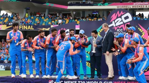 Barbados : India's captain Rohit Sharma gestures playfully as he walks to collect the winners' after