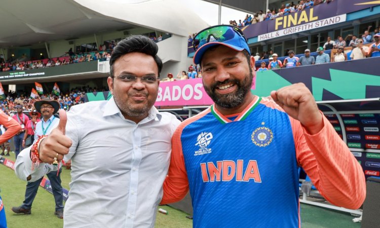 Barbados : India's captain Rohit Sharma with BCCI Secretary Jay Shah pose for photos after India won