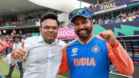 Barbados : India's captain Rohit Sharma with BCCI Secretary Jay Shah pose for photos after India won