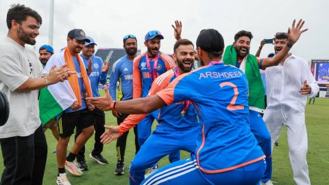 Barbados : India's Virat Kohli, Arshdeep Singh and others celebrate by doing the 'Bhangra' dance aft