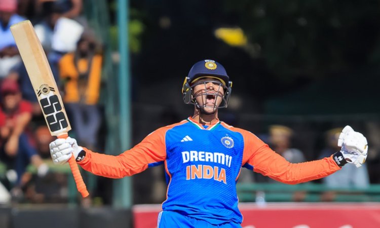 Harare: India's Abhishek Sharma celebrates his century during the T20 cricket match between India an