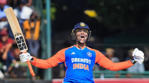 Harare: India's Abhishek Sharma celebrates his century during the T20 cricket match between India an