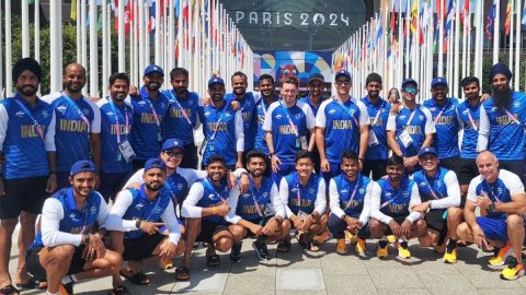 Paris: The Indian Men's Hockey Team poses for photos after arriving at the Olympic Village 