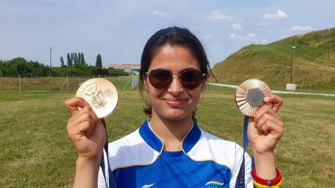 Chateauroux: India's Manu Bhaker poses with her two bronze medals won at the Paris 2024 Olympics