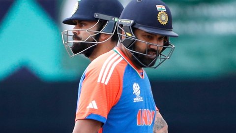 (File photo): Indian cricketers Rohit Sharma and Virat Kohli during the ICC Men's T20 World Cup