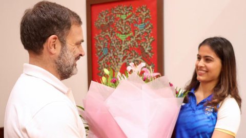 New Delhi: Leader of Opposition Rahul Gandhi congratulates Manu Bhakar for winning two medals in the