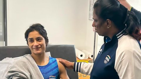 Paris: IOA President P.T. Usha meets Indian wrestler Vinesh Phogat at the Games Village 