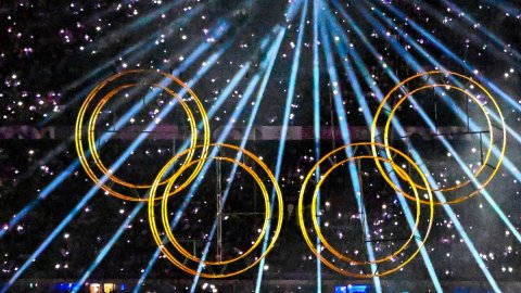 Paris: The Olympic rings are raised during the closing ceremony of the 2024 Paris Summer Olympics