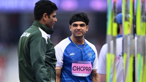 Saint-Denis: India's Neeraj Chopra with Pakistan's Arshad Nadeem during the men's javelin throw qual