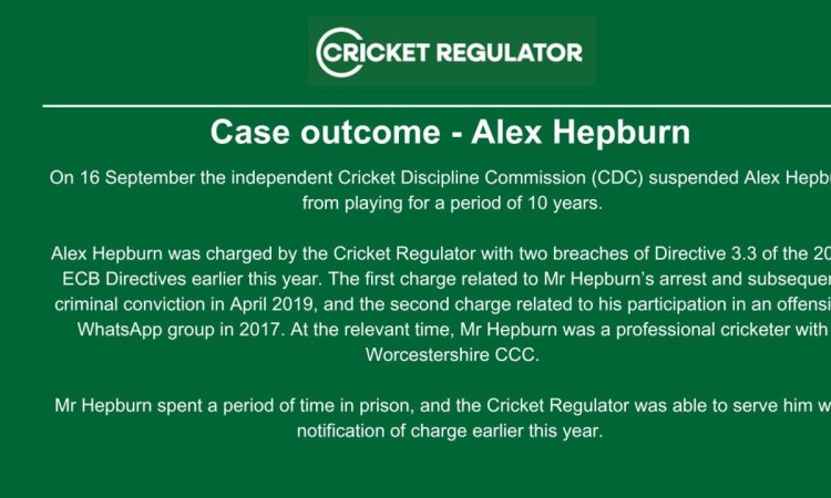 Former Worcestershire cricketer Alex Hepburn receives 10-year suspension