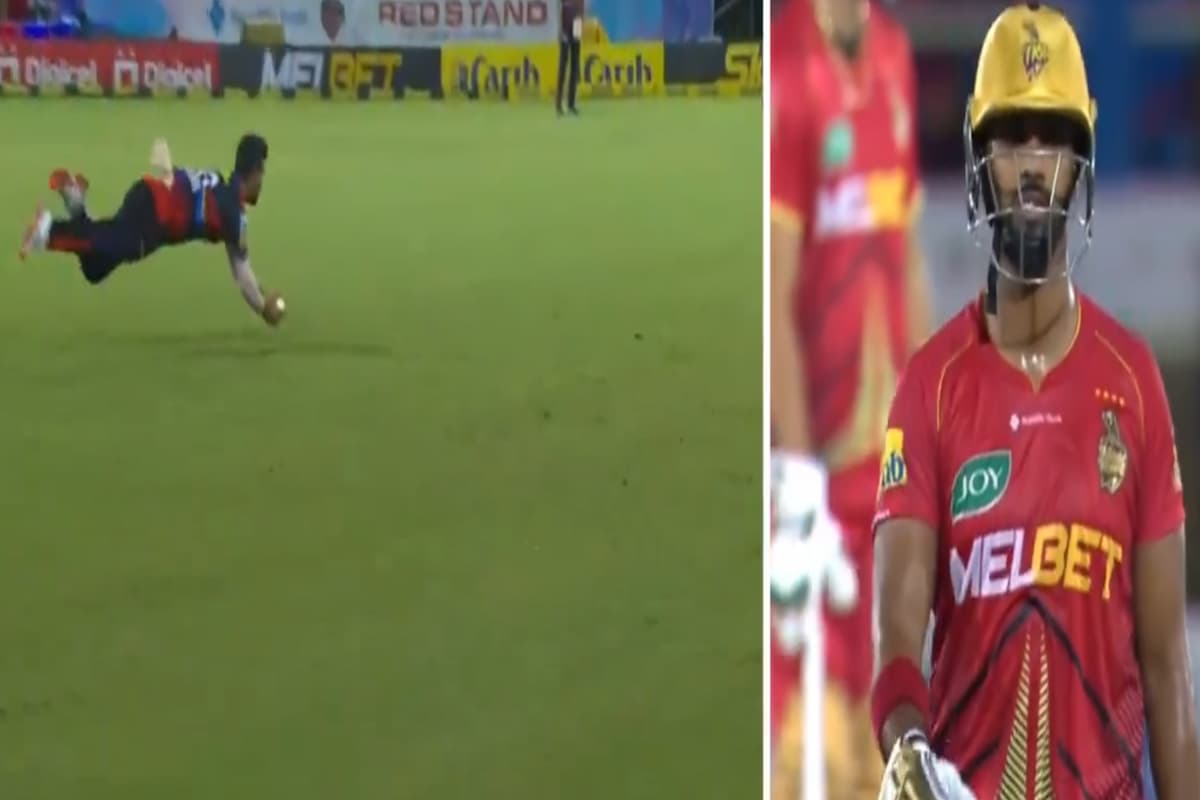 Hassan Khan with a screamer for tonight's Carib Catch - Watch! அபாரமான கேட்ச்சை பிடித்து ரசிகர்களின் கவனத்தை ஈர்த்த ஹசன் கான் - வைரல் காணொளி!
