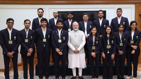 New Delhi: Prime Minister Narendra Modi interacts with the Indian Chess Olympiad Champions