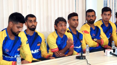 New Delhi: Purani Dilli 6 coach Vijay Dahiya with team players during a press conference