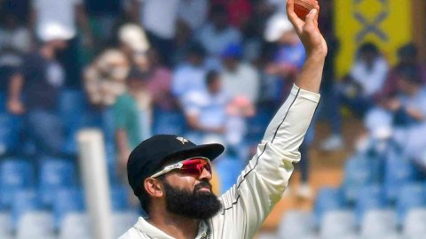 Mumbai: New Zealand's Ajaz Patel celebrates his five-wicket haul