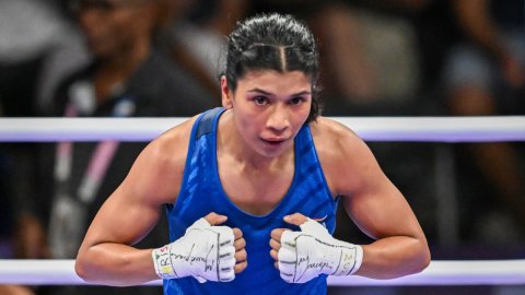 Paris: India's Nikhat Zareen and China's Wu Yu in action during women's boxing 50 kg round of 16 at 