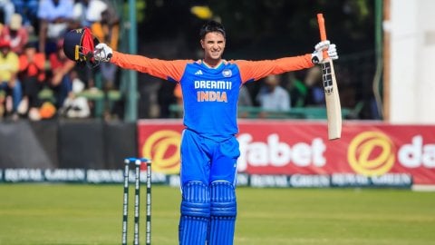 Harare: India's Abhishek Sharma celebrates his century during the T20 cricket match between India an