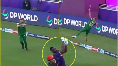 Andre Russell का टूटा दिल, Luke  Wood ने David Payne के साथ मिलकर छक्के को किया कैच में तब्दील; देखे