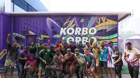 Kolkata Knight Riders players and coaching staff celebrate Holi at training camp in Kolkata on Frida