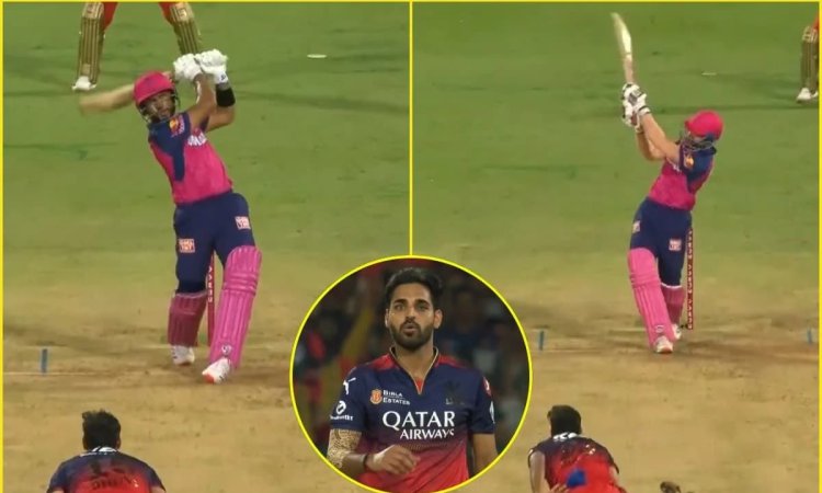 Watch -Dhruv Jurel And Shubham Dubey Smashed 22 Runs Against Bhuvneshwar Kumar In Rcb Vs Rr Match Ip புவனேஷ்வர் குமார் ஓவரில் அதிரடி காட்டிய துருவ் ஜூரெல், ஷுபம் தூபே - காணொளி!