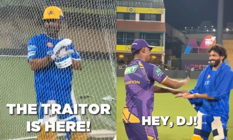 WATCH: 'गद्दार आ गया', CSK-KKR मैच से पहले धोनी ने ले लिए ब्रावो के मज़े