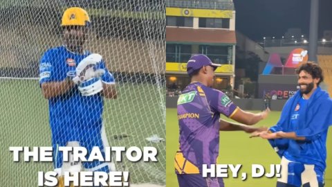 WATCH: 'गद्दार आ गया', CSK-KKR मैच से पहले धोनी ने ले लिए ब्रावो के मज़े WATCH: 'गद्दार आ गया', CSK-KKR मैच से पहले धोनी ने ले लिए ब्रावो के मज़े