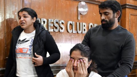 New Delhi: Wrestlers Sakshi Malik, Bajrang Punia, and Vinesh Phogat speak to the media