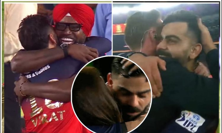 18 साल का सपना हुआ पूरा, जीत के बाद भावुक हुए कोहली; अनुष्का, एबी और गेल को लगाया गले; VIDEO