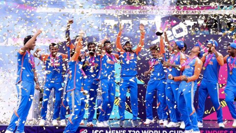 Barbados: Indian players celebrate their victory in the ICC Men's T20 Cricket World Cup Final match 