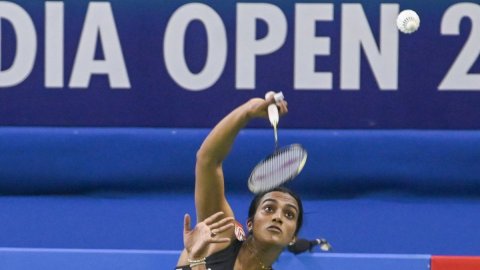 New Delhi: India’s P.V. Sindhu in action against Sung Shuo Yun of Chinese Taipei during the Sunrise 