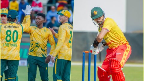 Zimbabwe post 141/6 in their 20 overs of the Tri-Nations clash against South Africa முத்தரப்பு டி20 தொடர்: சிக்கந்தர் ரஸா அரைசதம்; தென் ஆப்பிரிக்காவுக்கு 142 டார்கெட்!