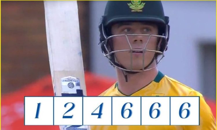 Watch-Dewald Brevis Smashed 24 Runs In 5 Ball Against Ryan Burl ஹாட்ரிக் சிக்ஸர்களை பறக்கவிட்ட டெவால்ட் பிரீவிஸ் - காணொளி