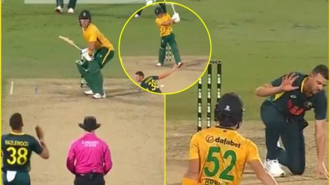 22 साल के Dewald Brevis ने मारा भयंकर रॉकेट शॉट, Injured होने से बाल-बाल बचे Josh Hazelwood; देखें V