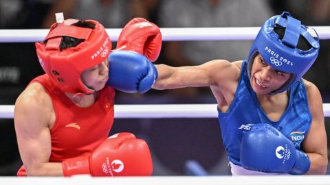 Paris: India's Nikhat Zareen and China's Wu Yu in action during women's boxing 50 kg round of 16 at 