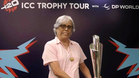 Mumbai: Former cricketer Diana Edulji poses with the ICC T20 Women's World Cup Trophy 