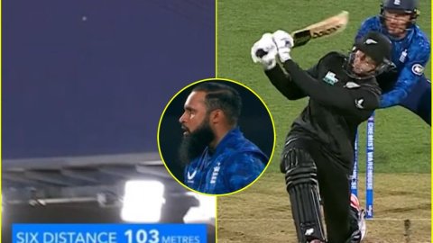 Mitchell Santner ने Adil Rashid को घुटने पर बैठकर मारा 103 मीटर लंबा छक्का, स्टेडियम की छत पर गिरी ब