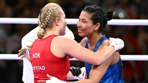 Paris: India's Lovlina Borgohain and Norway's Sunniva Hofstad in action during women's boxing 75 kg 