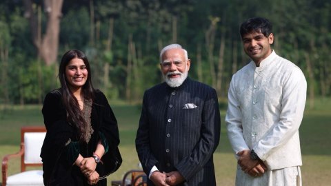 PM Modi hosts javelin ace Neeraj Chopra, wife Himani, at his residence
