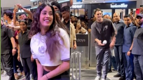 VIDEO: Janhvi Kapoor ने Pat Cummins की गेंद पर लगाया जोरदार शॉट, फैन का फोन बचा टूटते-टूटते