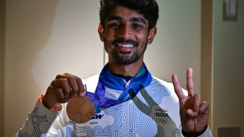Aichi-Nagoya: Jay Meena poses with bronze medal