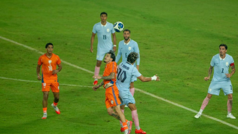 Anirudh Thapa scores but India go down 1-6 to strong Uruguayan side in an International Friendly at the Vivekananda Yuba Bharati Kriranga in Kolkata on Tuesday. Photo credit: AIFF