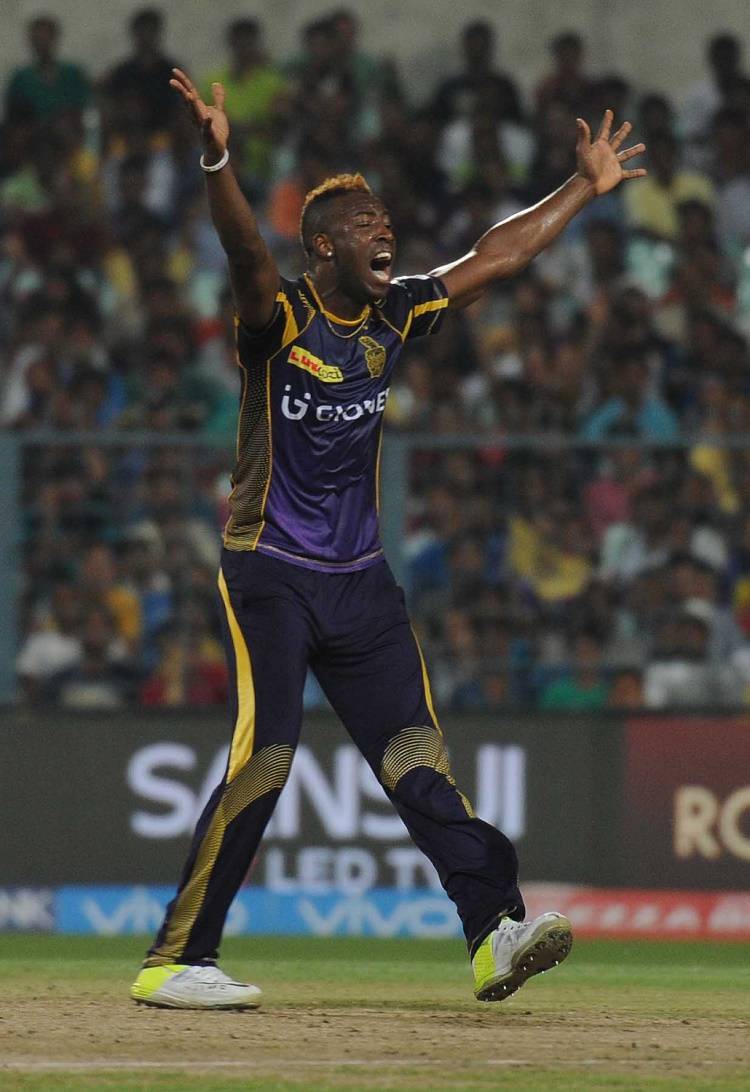 Andre Russell of Kolkata Knight Riders celebrates fall of a wicket in Tamil