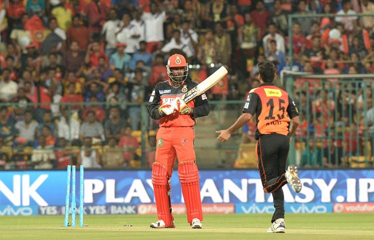 Chris Gayle of Royal Challengers Bangalore reacts after getting dismissed in Tamil