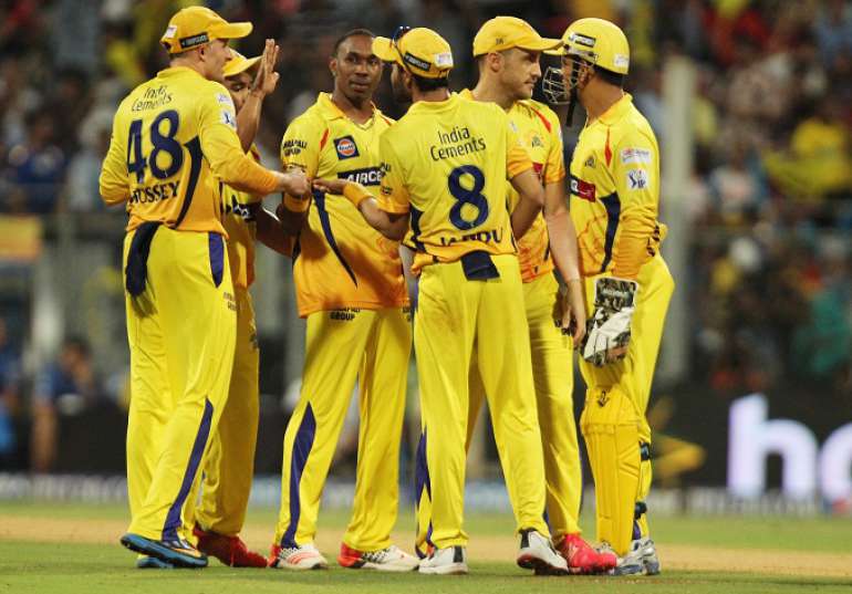 Chennai celebrate fall of a wicket in Tamil