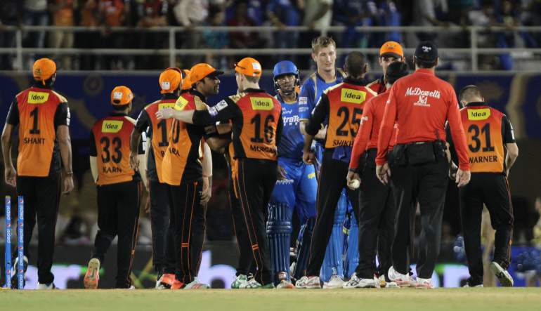  Hyderabad celebrate their win against Rajasthan in Tamil