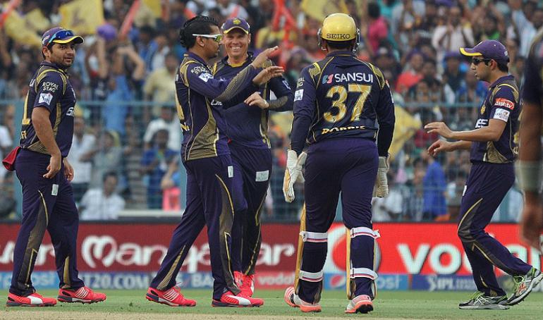 KKR celebrate fall of a wicket in Tamil