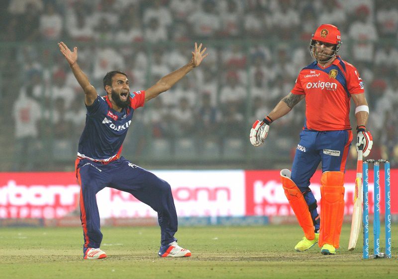 Imran Tahir of Delhi Daredevils celebrates fall of a wicket 